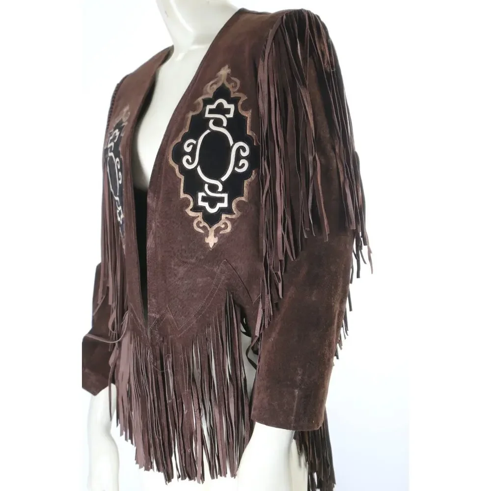 Vintage Brown Suede Fringe Western Jacket XS Boho Embroidered Statement Piece - Picture 5 of 16